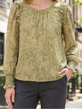 Paisley Ruffle Long-Sleeve Top - Olive Green with Gold Accents